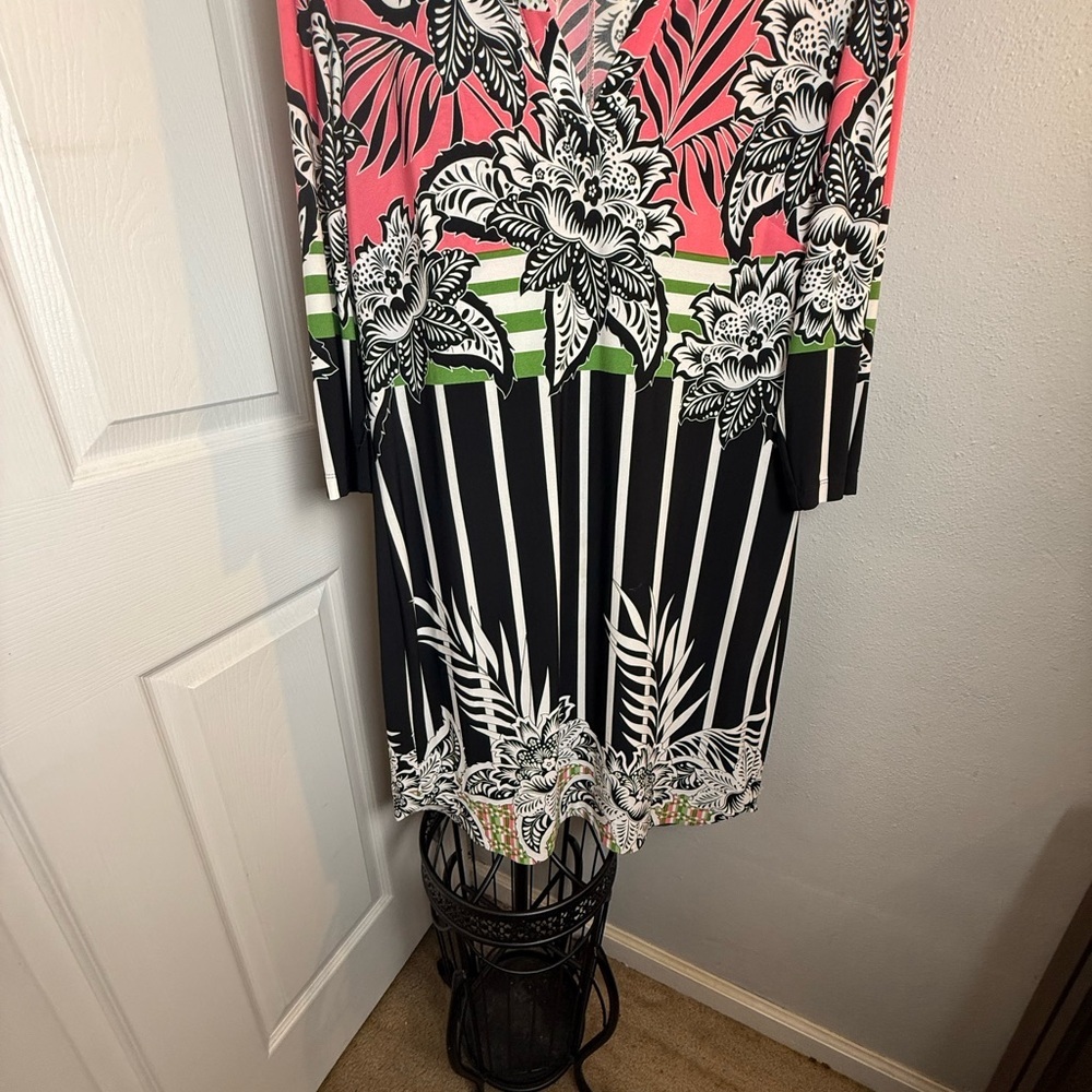Donna Morgan Floral Print Midi Dress - Pink, Green, Black - Picture 8 of 9
